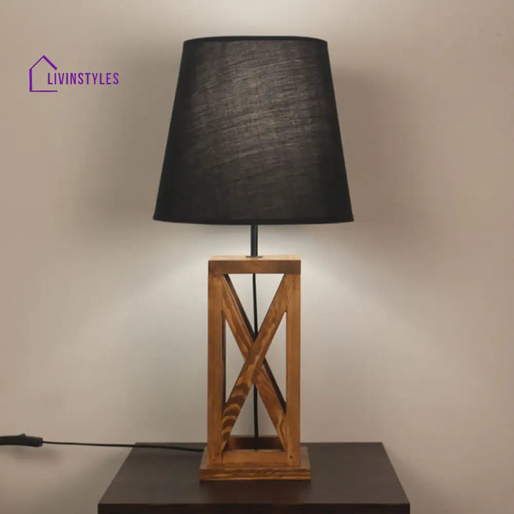 Symmetric Brown Wooden Table Lamp With Black Fabric Lampshade Lamps