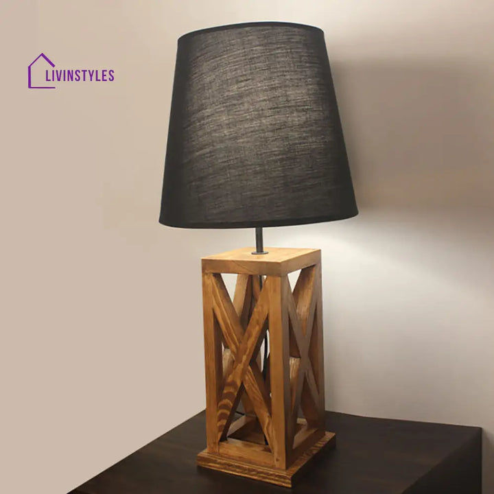 Symmetric Brown Wooden Table Lamp With Black Fabric Lampshade Lamps