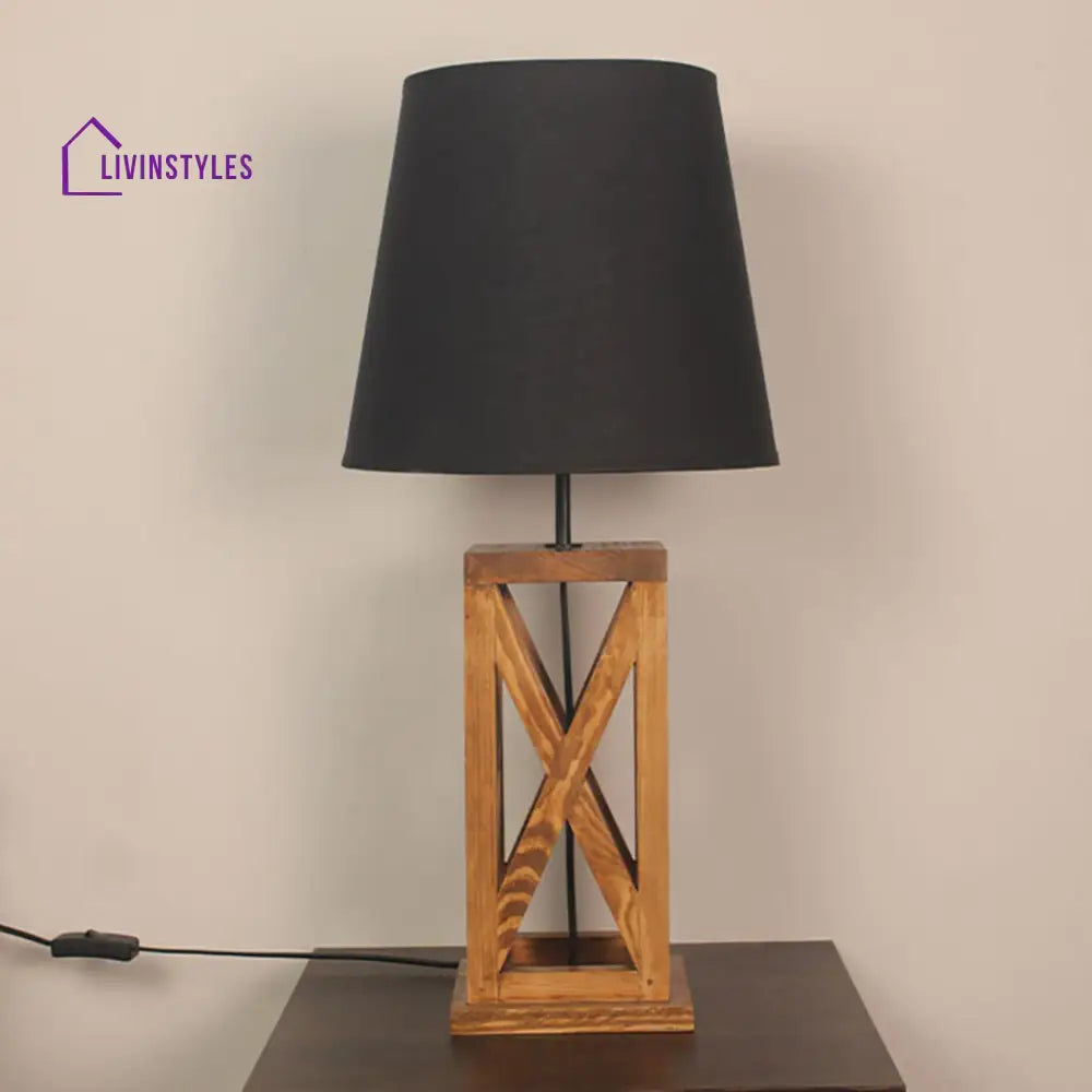 Symmetric Brown Wooden Table Lamp With Black Fabric Lampshade Lamps