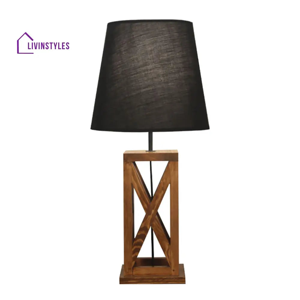 Symmetric Brown Wooden Table Lamp With Black Fabric Lampshade Lamps