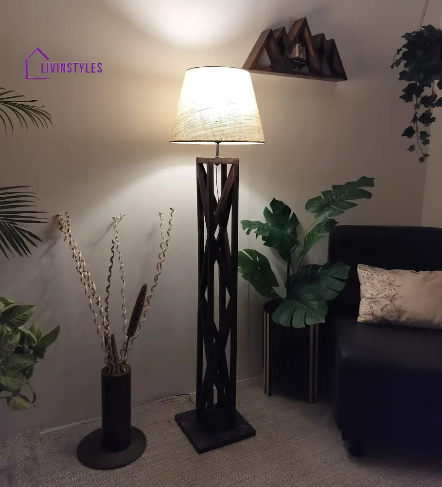 Symmetric Wooden Floor Lamp With Brown Base And Beige Fabric Lampshade Lamps