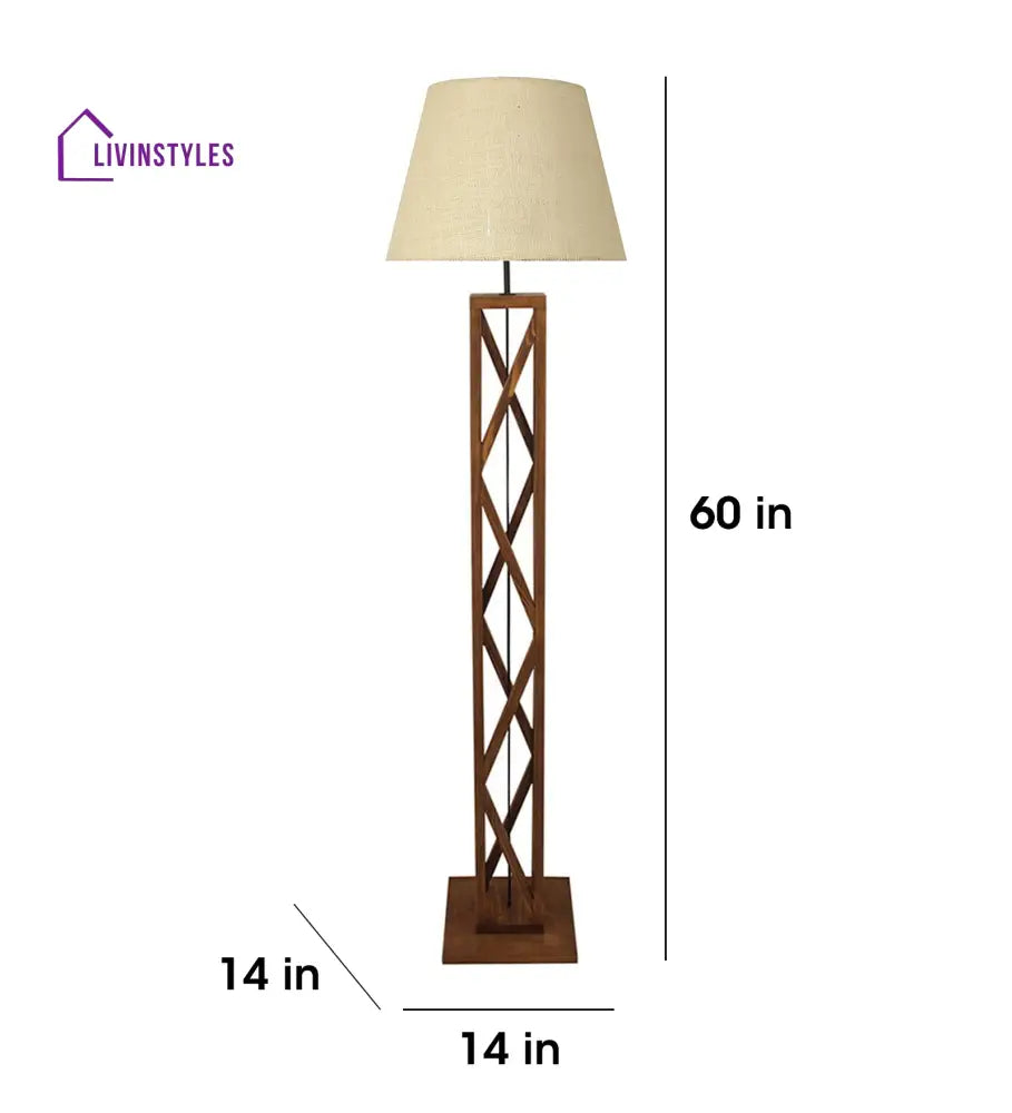 Symmetric Wooden Floor Lamp With Brown Base And Beige Fabric Lampshade Lamps