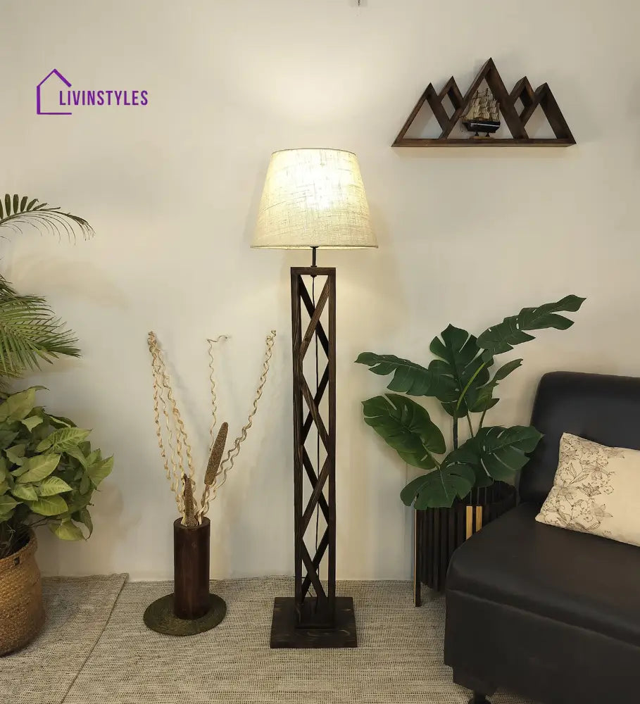 Symmetric Wooden Floor Lamp With Brown Base And Beige Fabric Lampshade Lamps