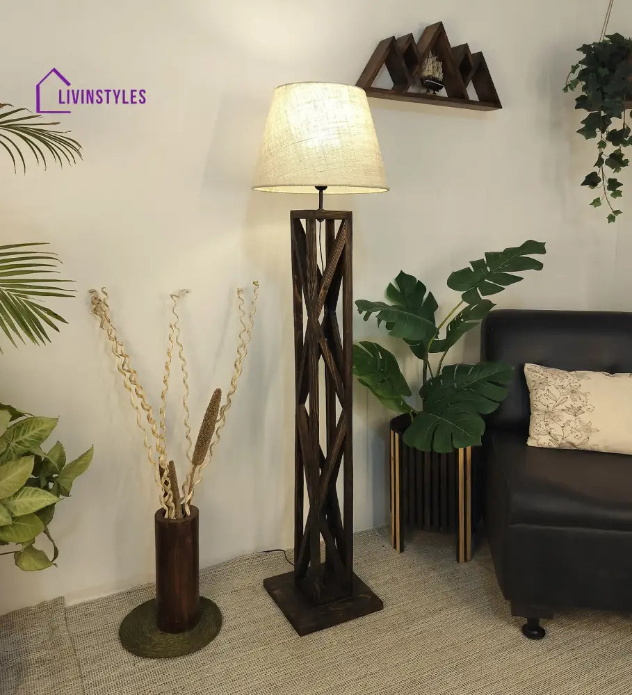 Symmetric Wooden Floor Lamp With Brown Base And Beige Fabric Lampshade Lamps