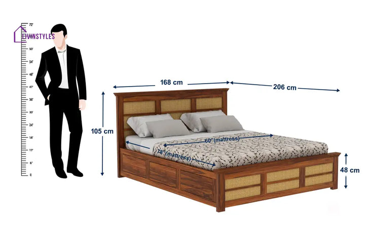 Syrus Solid Sheesham Wood Cane Bed With Box Storage - 1 Year Warranty