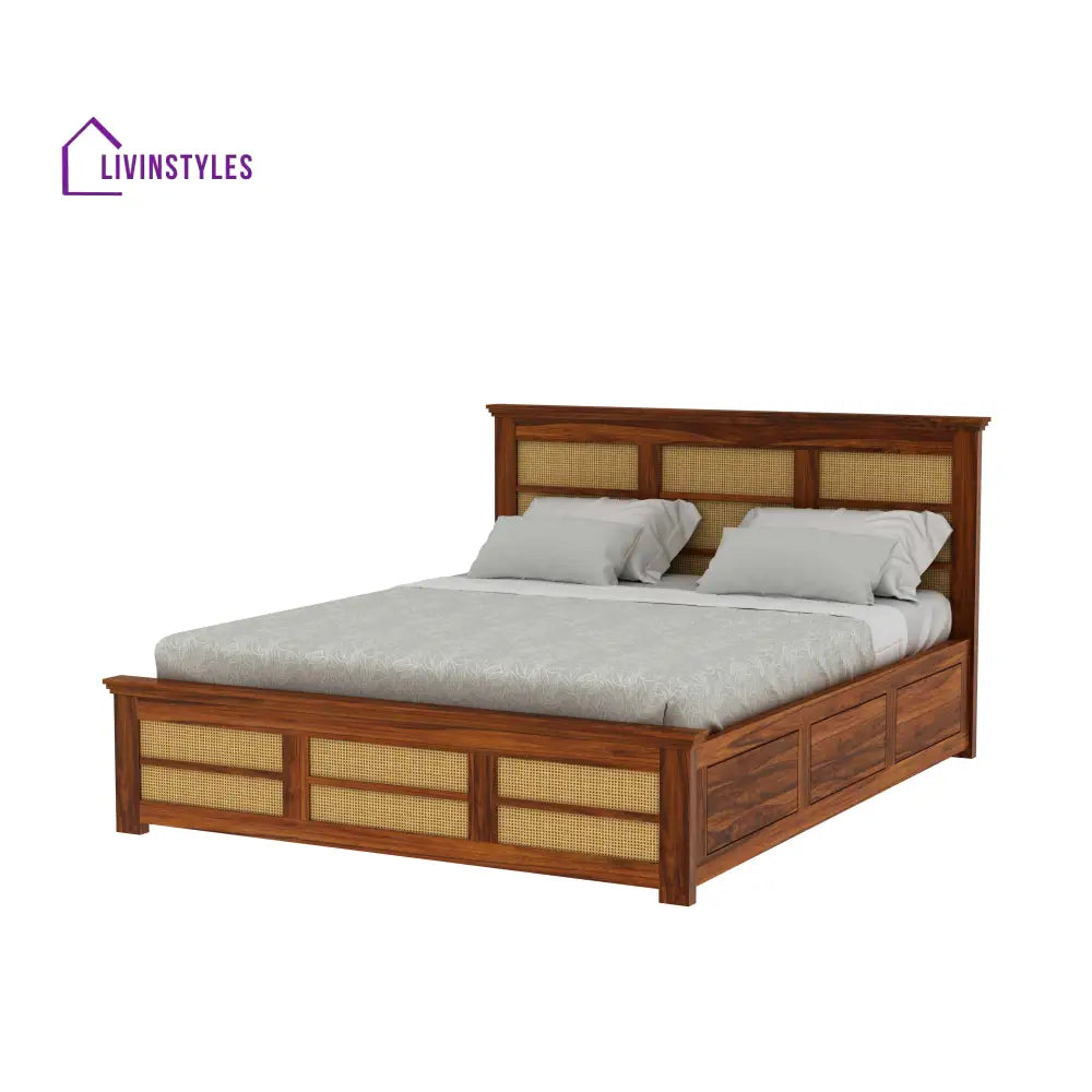 Syrus Solid Sheesham Wood Cane Bed With Hydraulic Storage - 1 Year Warranty