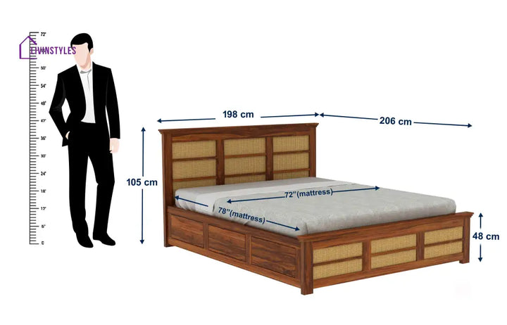 Syrus Solid Sheesham Wood Cane Bed With Hydraulic Storage - 1 Year Warranty