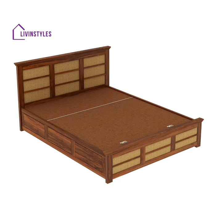 Syrus Solid Sheesham Wood Cane Bed With Hydraulic Storage - 1 Year Warranty