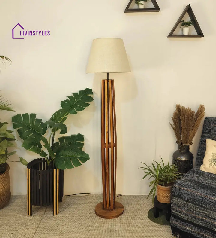 Tall Boy Wooden Floor Lamp With Brown Base And Beige Fabric Lampshade Lamps