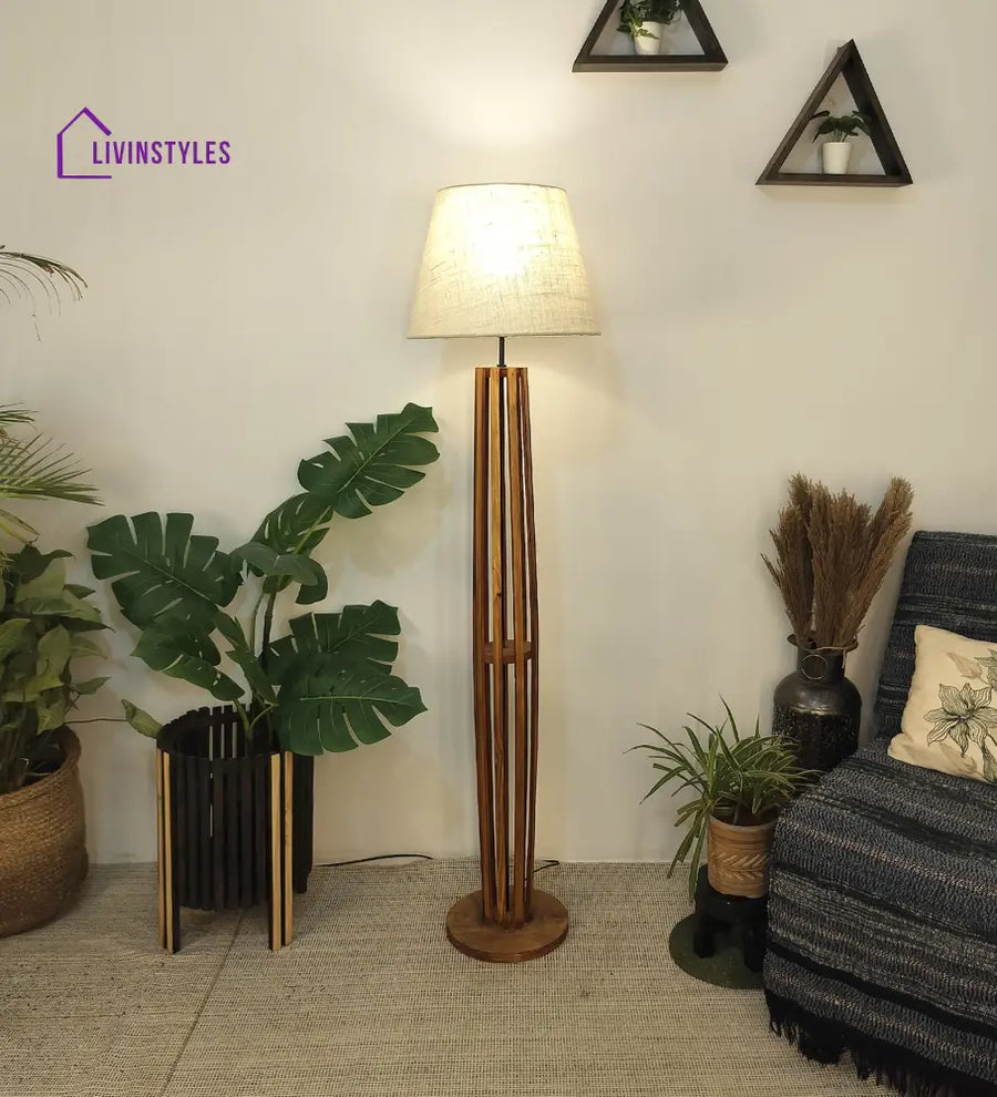 Tall Boy Wooden Floor Lamp With Brown Base And Beige Fabric Lampshade Lamps