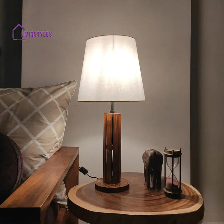 Tall Boy Wooden Table Lamp With Brown Base And White Fabric Lampshade Lamps