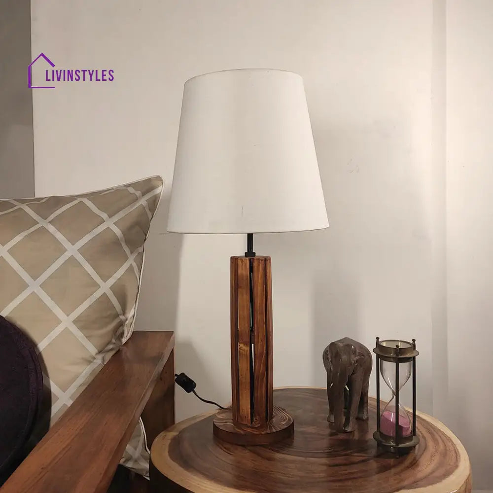 Tall Boy Wooden Table Lamp With Brown Base And White Fabric Lampshade Lamps