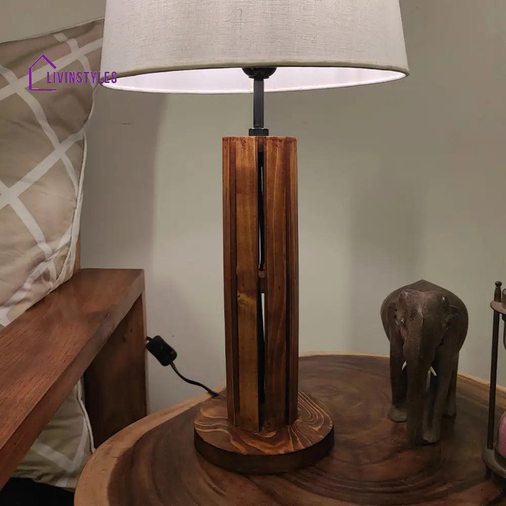 Tall Boy Wooden Table Lamp With Brown Base And White Fabric Lampshade Lamps