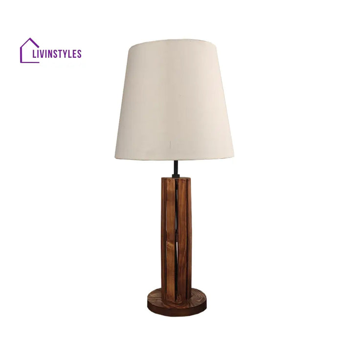 Tall Boy Wooden Table Lamp With Brown Base And White Fabric Lampshade Lamps