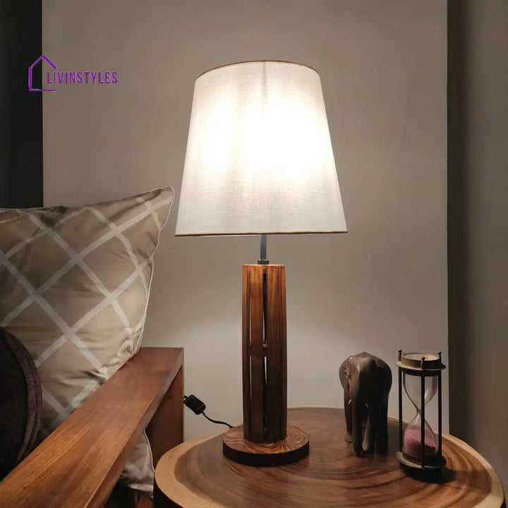 Tall Boy Wooden Table Lamp With Brown Base And White Fabric Lampshade Lamps