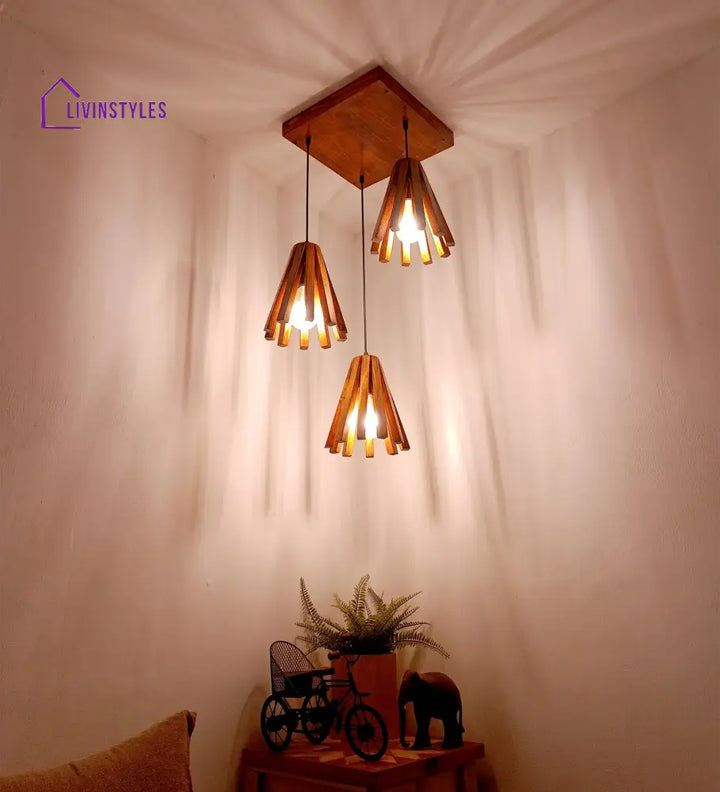 Taper Brown Wooden Cluster Hanging Lamp Lamps