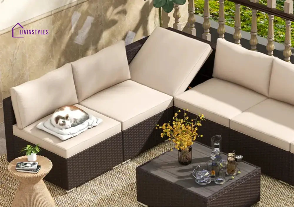 Tarun Outdoor Sectional Wicker Patio Furniture (Dark Brown & Cream)