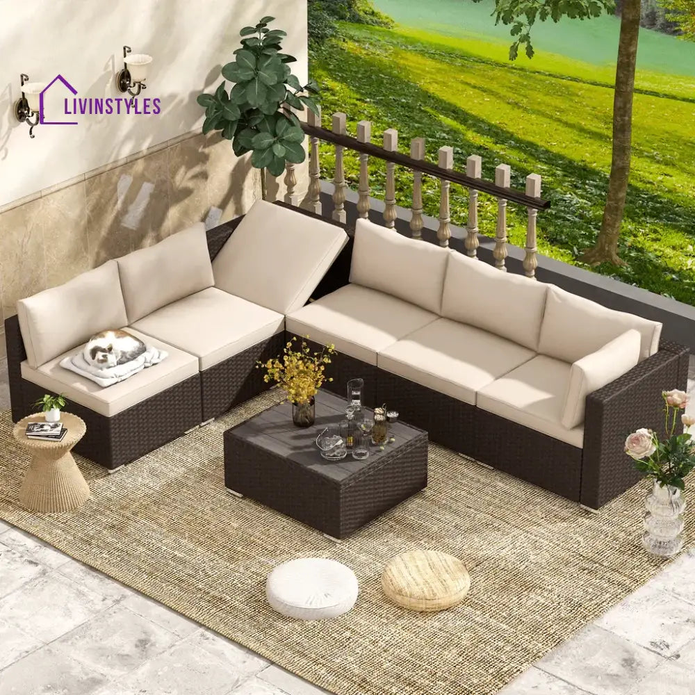 Tarun Outdoor Sectional Wicker Patio Furniture (Dark Brown & Cream)