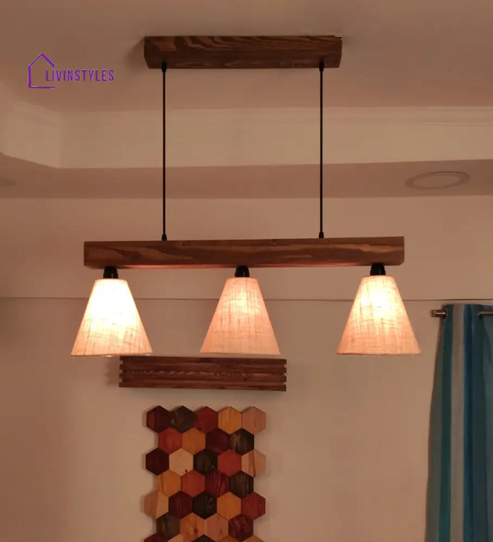 Terzo Brown Wooden Series Hanging Lamp With Beige Fabric Lampshade Lamps