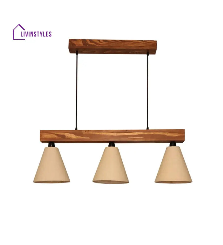 Terzo Brown Wooden Series Hanging Lamp With Beige Fabric Lampshade Lamps