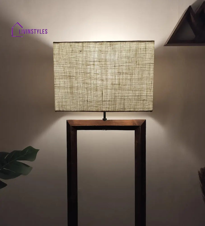 Tesseract Wooden Floor Lamp With Brown Base And Beige Fabric Lampshade Lamps