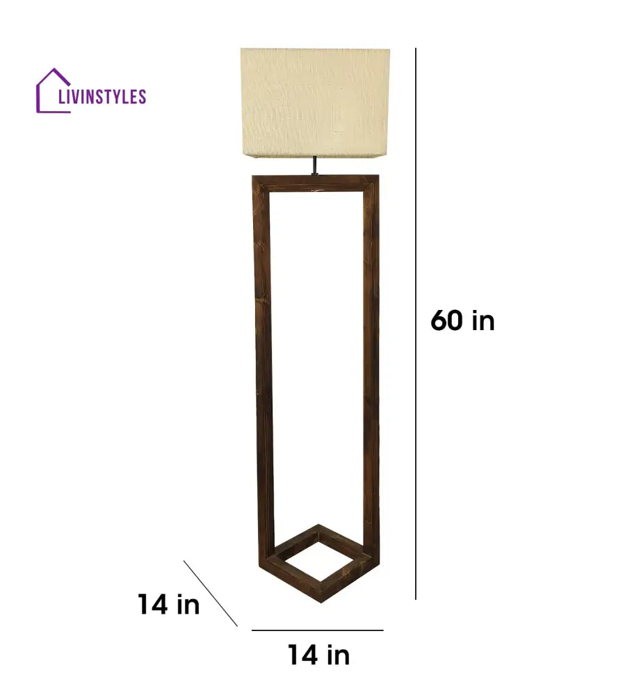 Tesseract Wooden Floor Lamp With Brown Base And Beige Fabric Lampshade Lamps