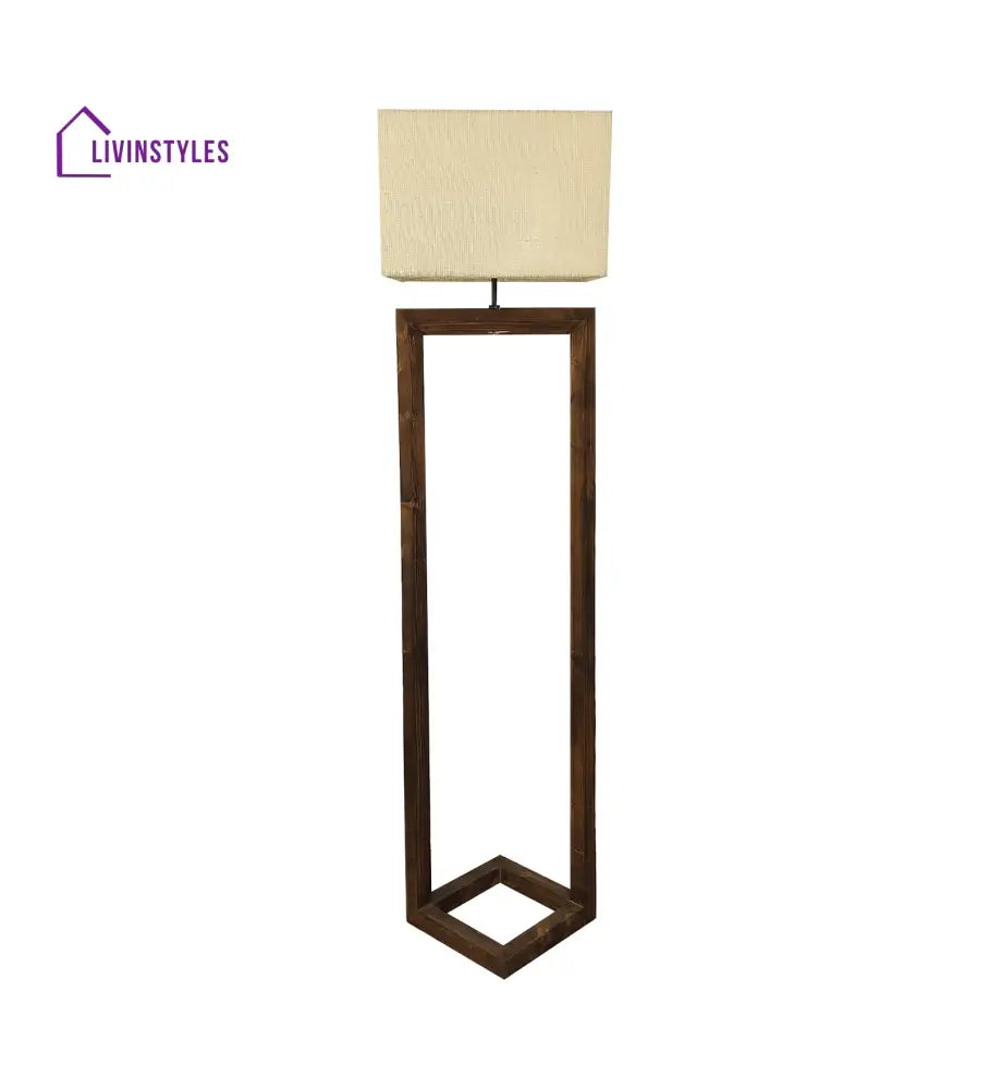 Tesseract Wooden Floor Lamp With Brown Base And Beige Fabric Lampshade Lamps