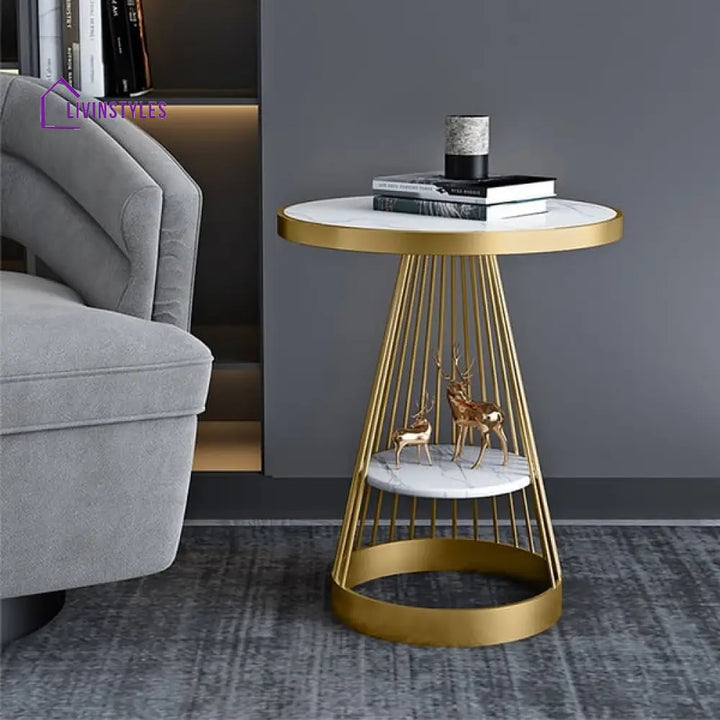 Thames Modern Luxurious Round Marble Side Table In Gold Color