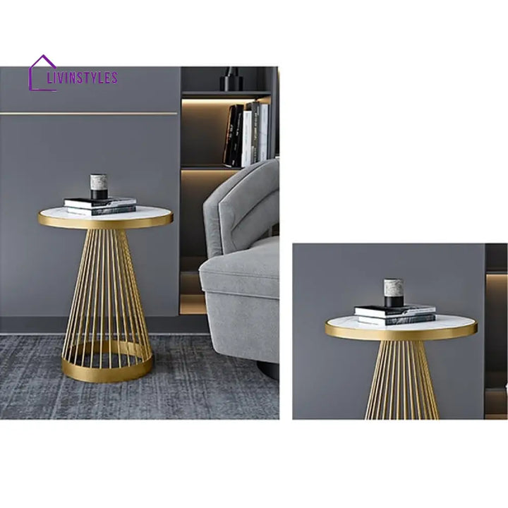 Thames Modern Luxurious Round Marble Side Table In Gold Color