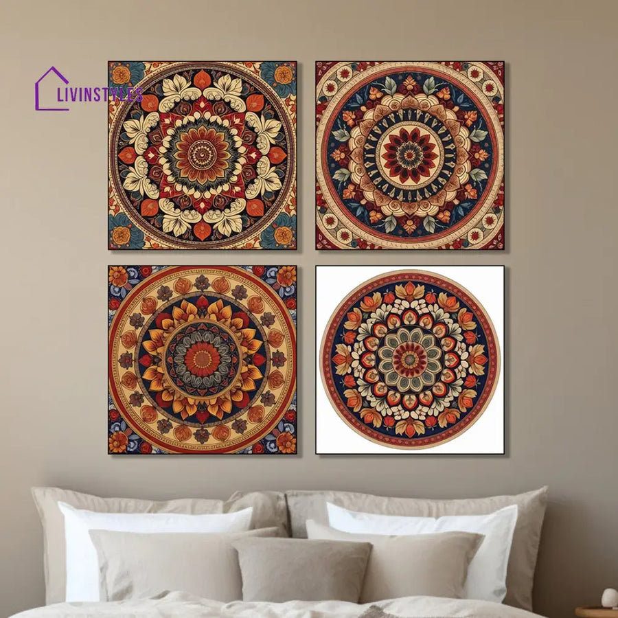 Traditional Floral Circle Canvas Collection Printed Set Of 4 Wall Painting