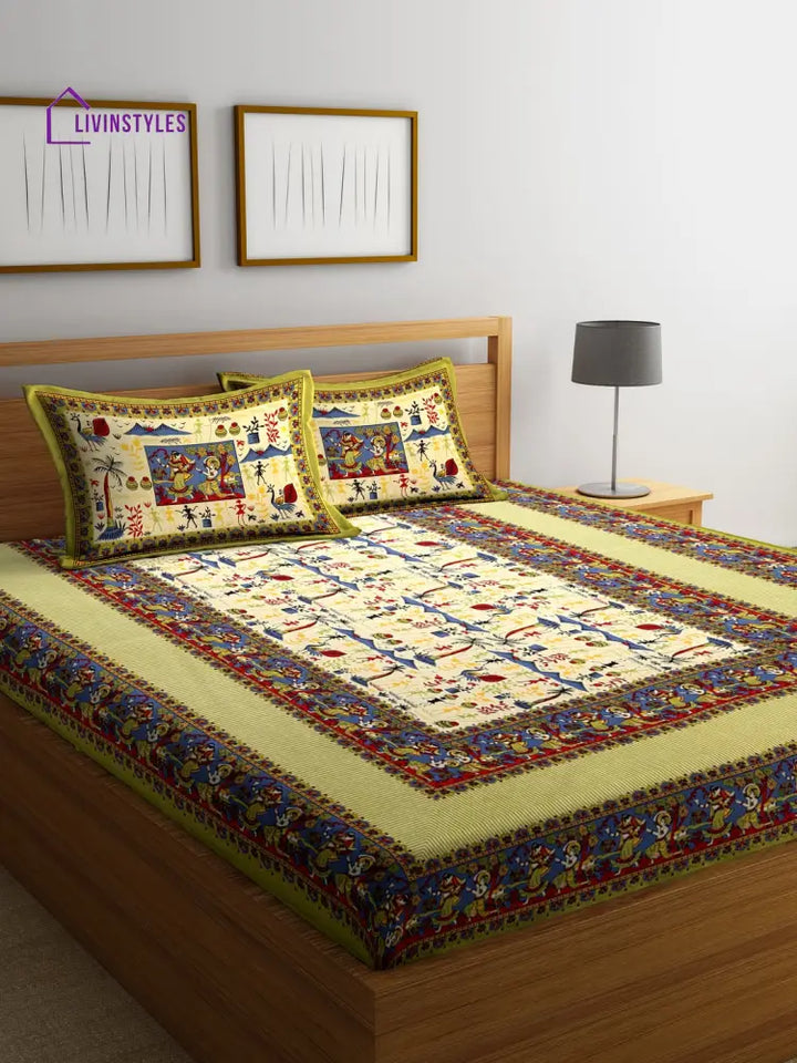 Traditional Jaipuri Print Double Bedsheet With 2 Pillow Covers