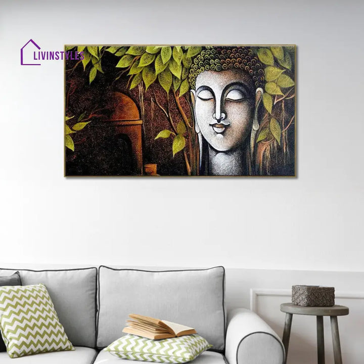 Tranquil Buddha: Lush Green Leaves Wall Painting