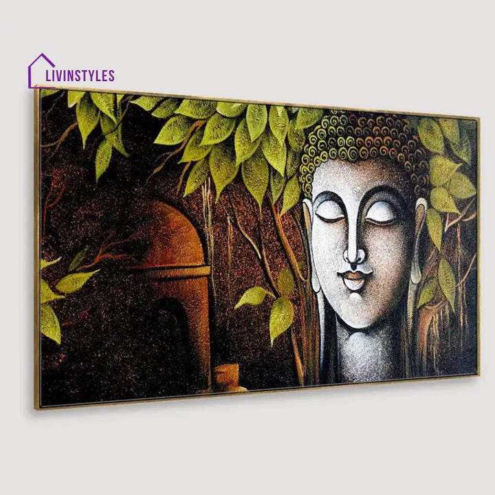 Tranquil Buddha: Lush Green Leaves Wall Painting