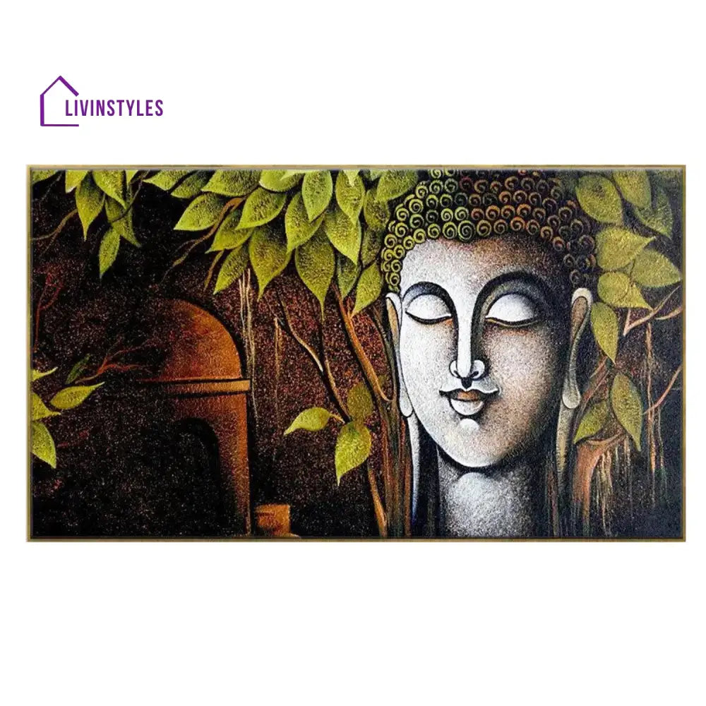 Tranquil Buddha: Lush Green Leaves Wall Painting