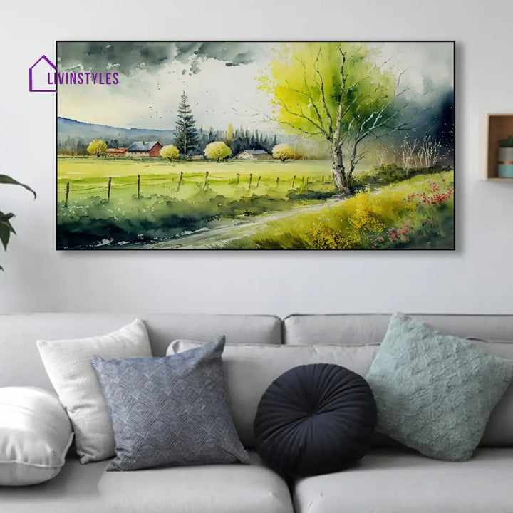 Tranquil Farm Amidst Lush Trees Wall Painting