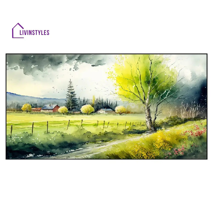 Tranquil Farm Amidst Lush Trees Wall Painting