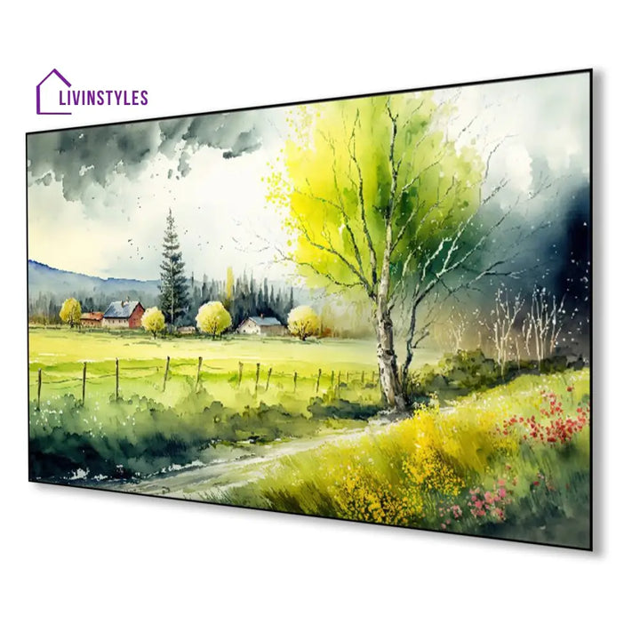 Tranquil Farm Amidst Lush Trees Wall Painting