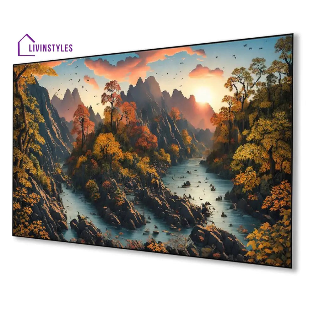 Tranquil River Through Majestic Mountains Wall Painting