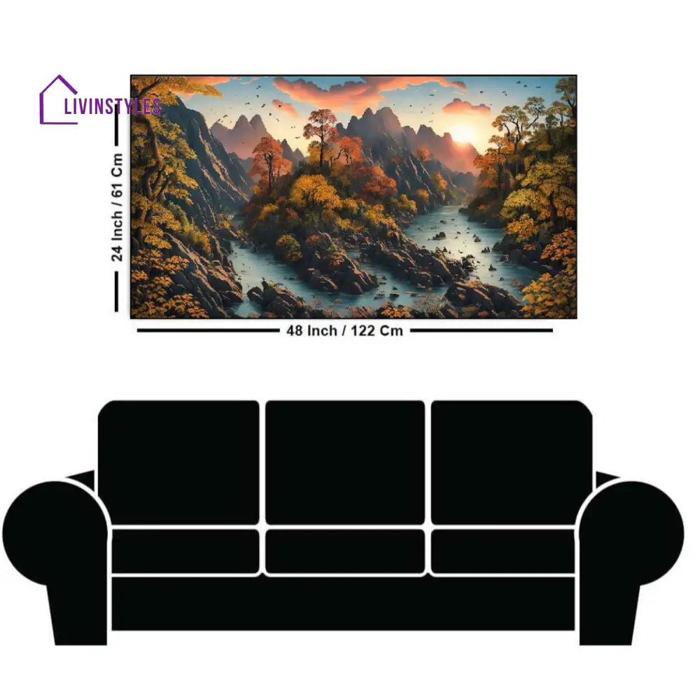 Tranquil River Through Majestic Mountains Wall Painting