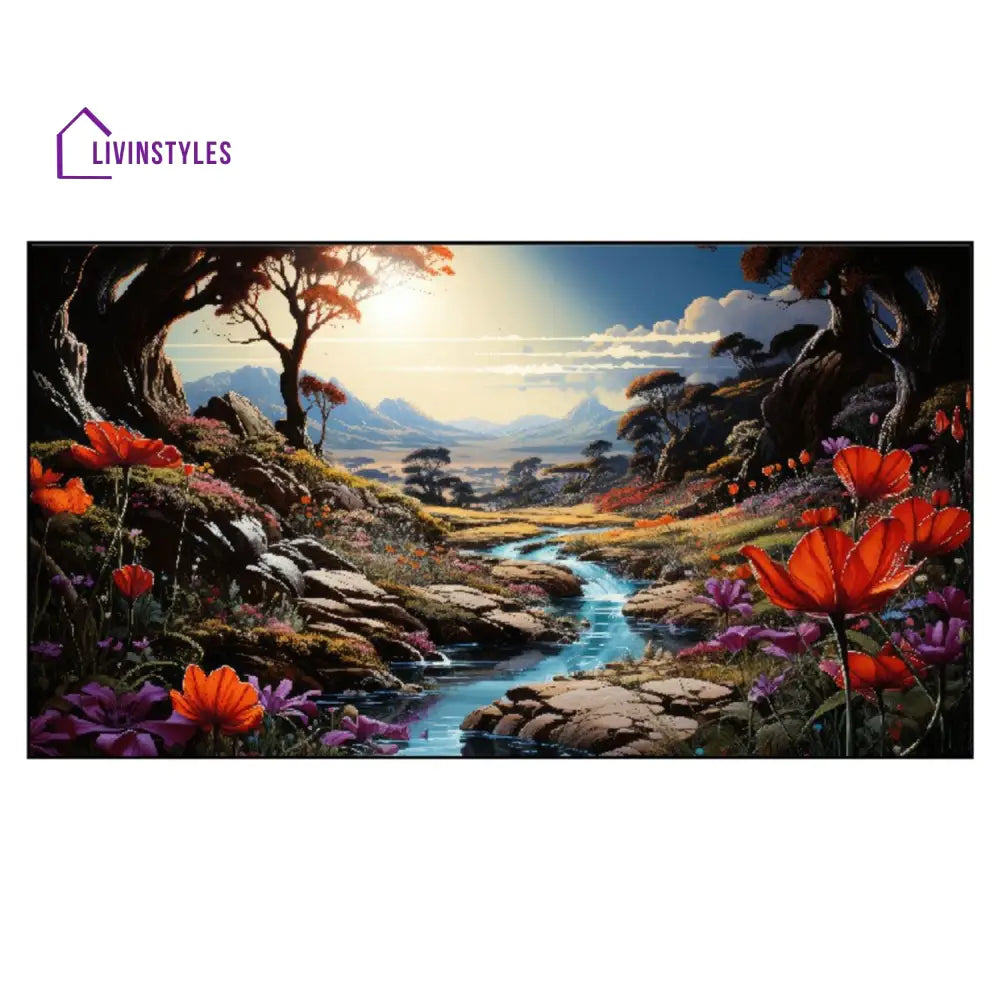 Tranquil Stream: Floral Mountain Scenery Wall Painting