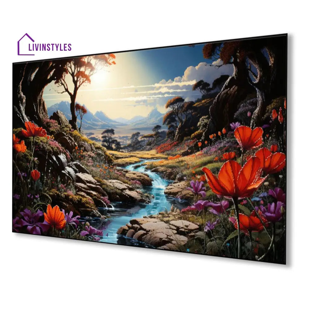 Tranquil Stream: Floral Mountain Scenery Wall Painting