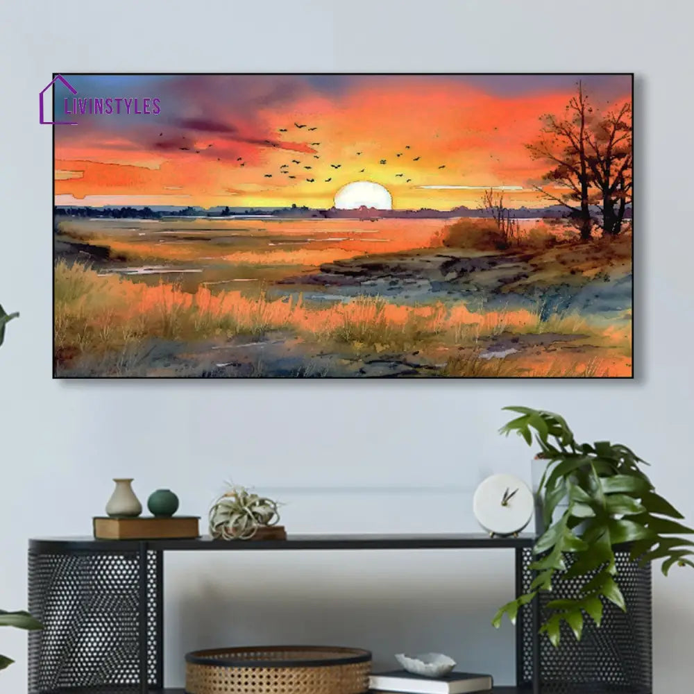 Tranquil Sunset: Birds In Flight Wall Painting