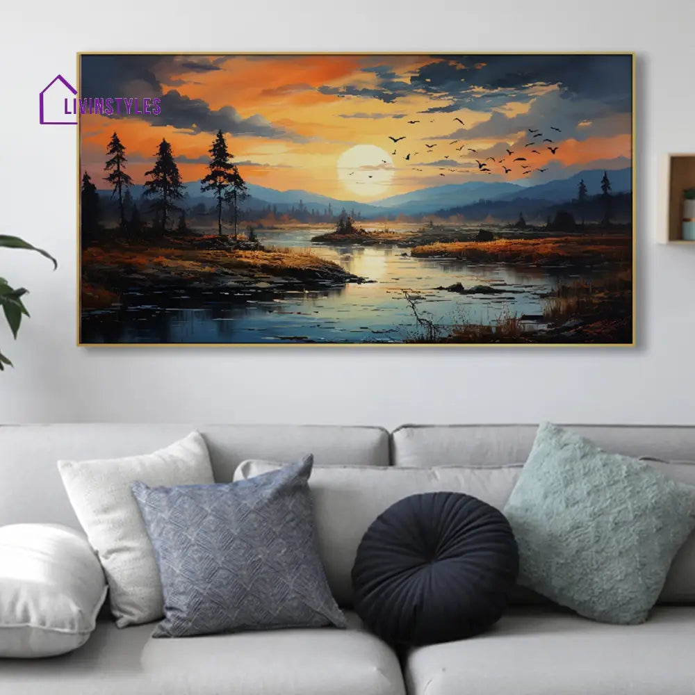 Tranquil Sunset River And Trees Wall Painting