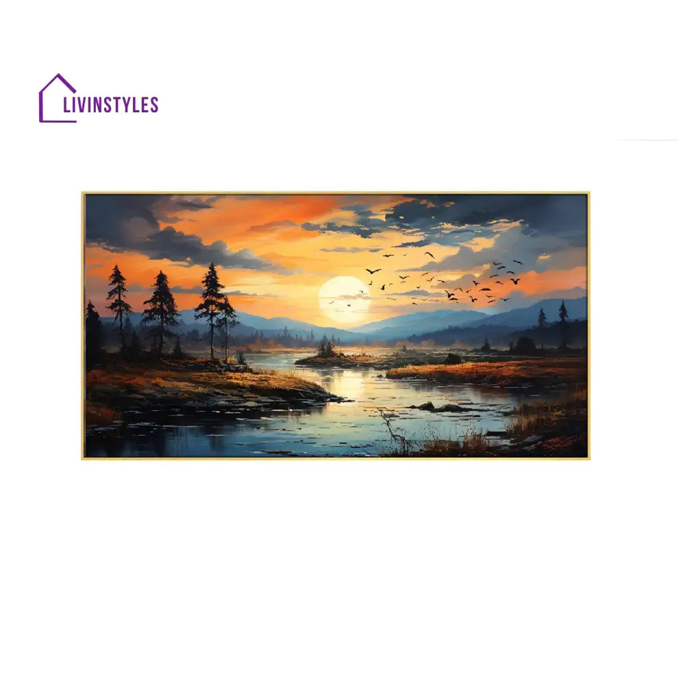 Tranquil Sunset River And Trees Wall Painting