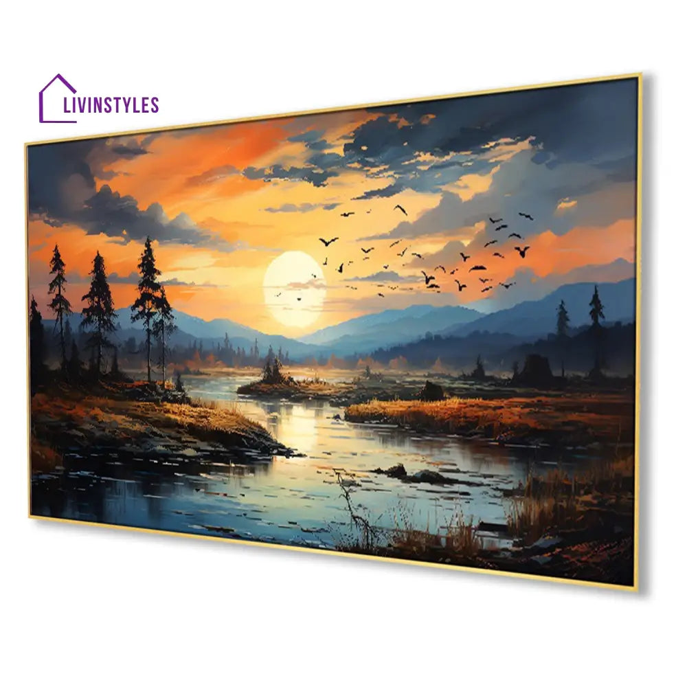 Tranquil Sunset River And Trees Wall Painting