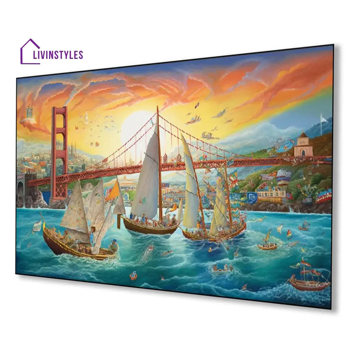 Tranquil Waters: Boats And Bridge Wall Painting