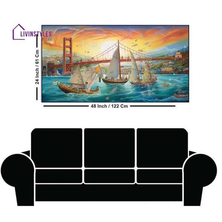 Tranquil Waters: Boats And Bridge Wall Painting