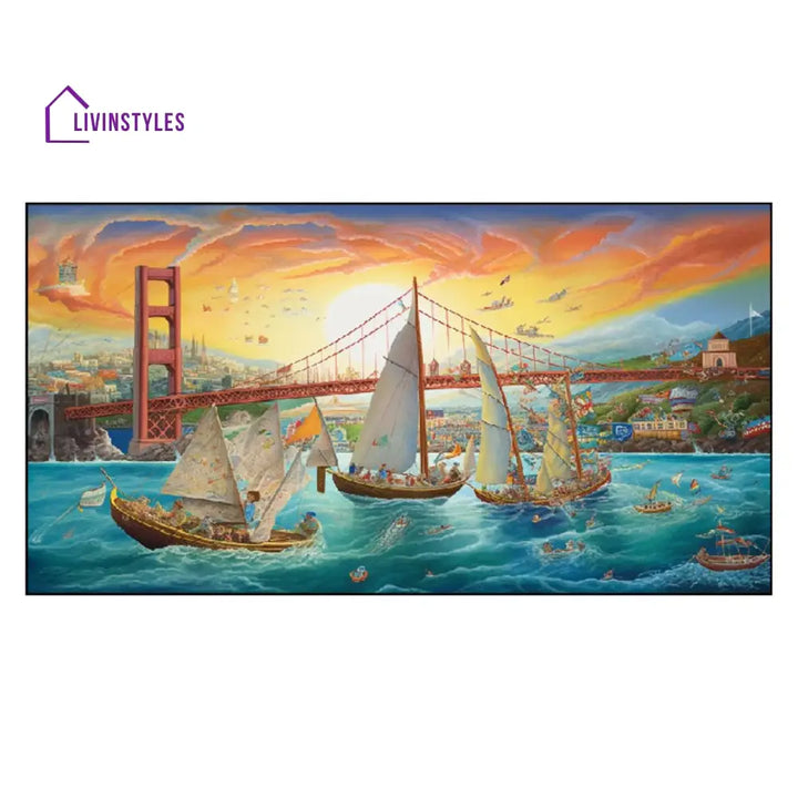 Tranquil Waters: Boats And Bridge Wall Painting