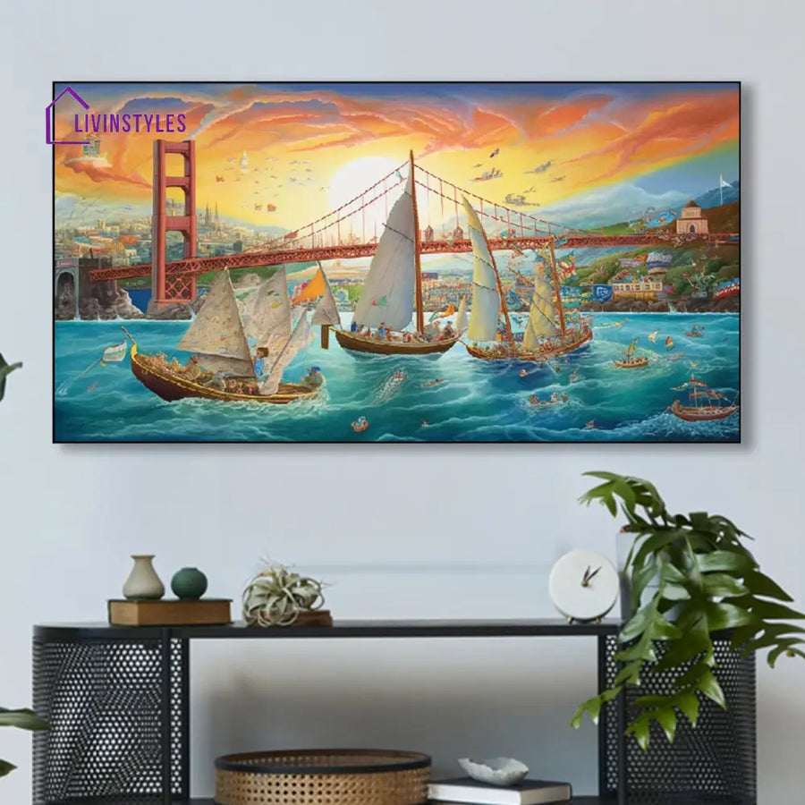 Tranquil Waters: Boats And Bridge Wall Painting