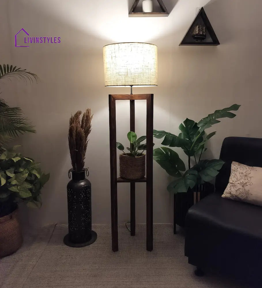 Triad Wooden Floor Lamp With Brown Base And Beige Fabric Lampshade Lamps